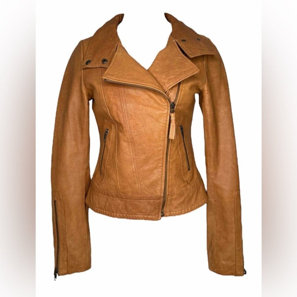 Mackage Tan Leather Jacket | Tailored Fit with Zippered Pockets XXS